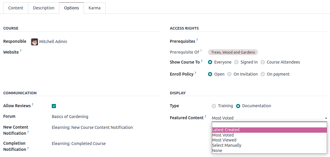 Descrição geral da aba Opções