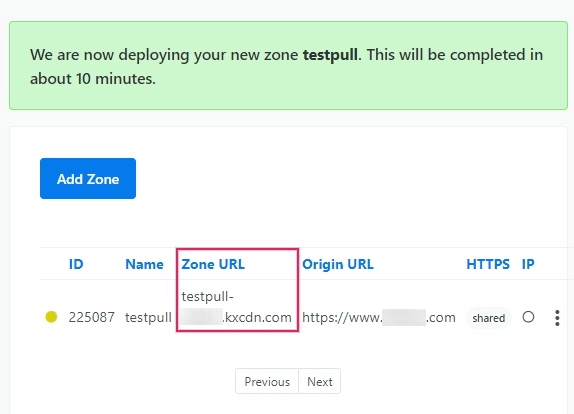 KeyCDN implementando a nova zona.