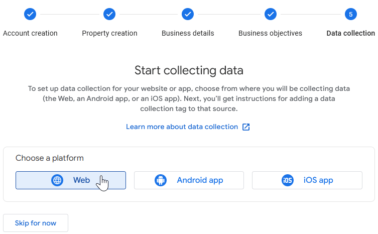 Escolha uma plataforma para a sua propriedade do Google Analytics.