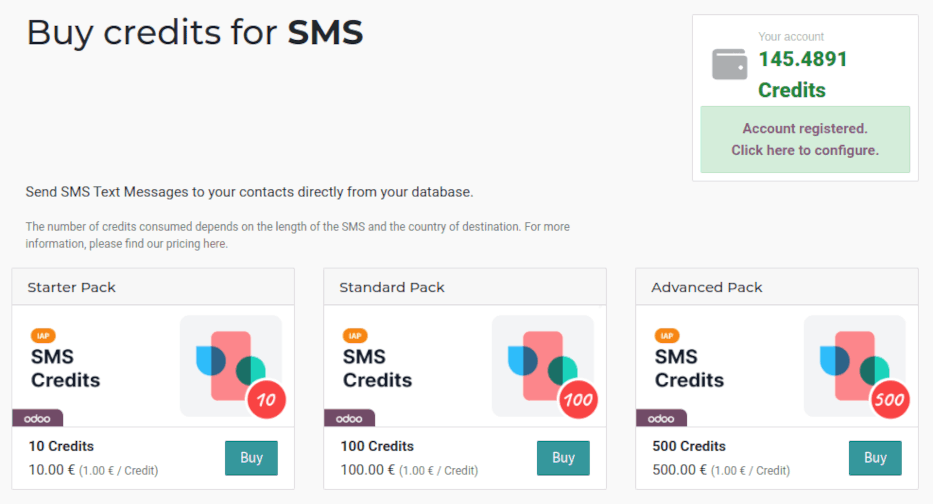 A página do serviço de SMS no IAP.Odoo.com com quatro pacotes de créditos disponíveis para compra.