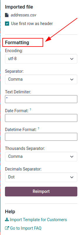 Opções de formatação apresentadas quando um arquivo CVS é importado no Odoo.