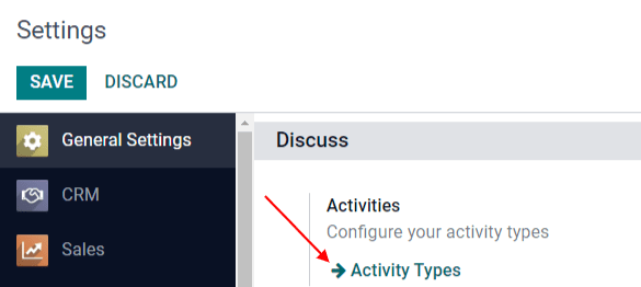 Visualização da página de definições, com ênfase no menu "tipos de atividade".