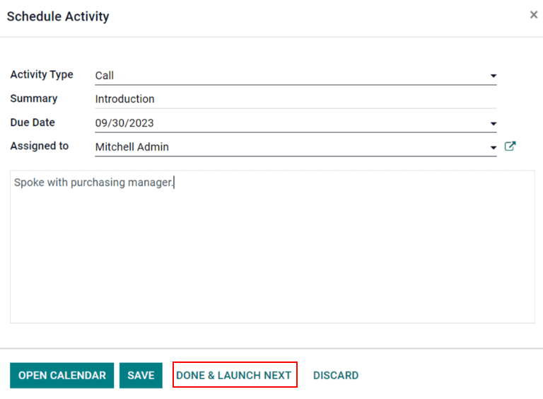 Pop-up de agendar atividades, com ênfase no botão Concluído e iniciar próxima.