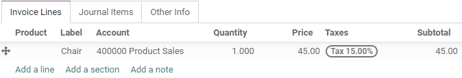 Odoo fills out the Tax field automatically according to the Default Taxes