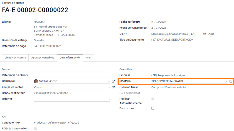 Export invoice - Incoterm.