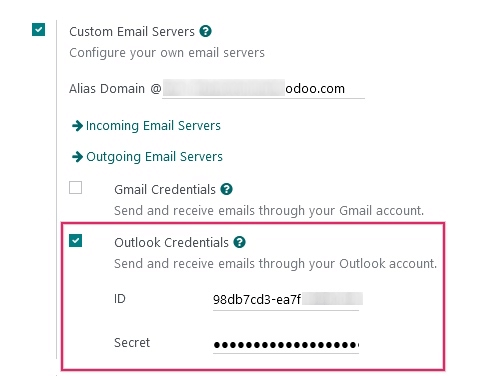 Credenciais do Outlook nas Configurações Gerais do Odoo.