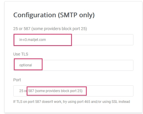 Configuração de SMTP do Mailjet.