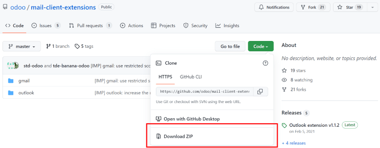 Baixe o arquivo ZIP do repositório  GitHub do Odoo para plug-ins de e-mail.