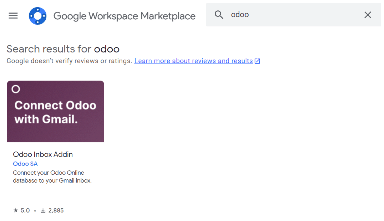 Addin da caixa de entrada do Odoo no Google Workspace Marketplace.