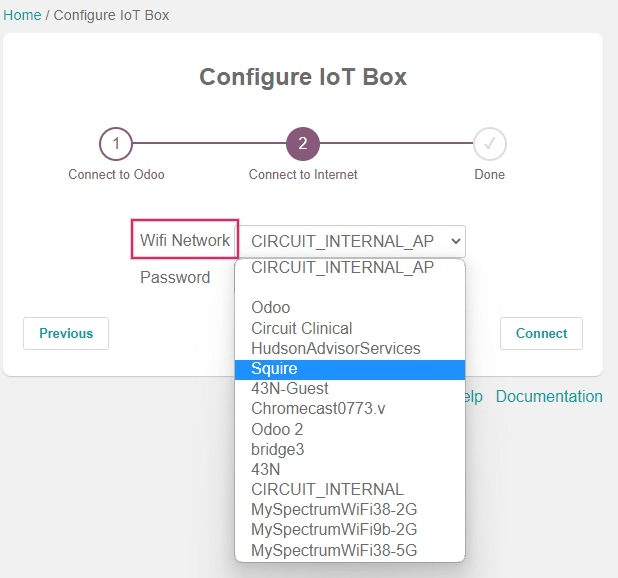 Configuração do Wi-Fi para a IoT box.