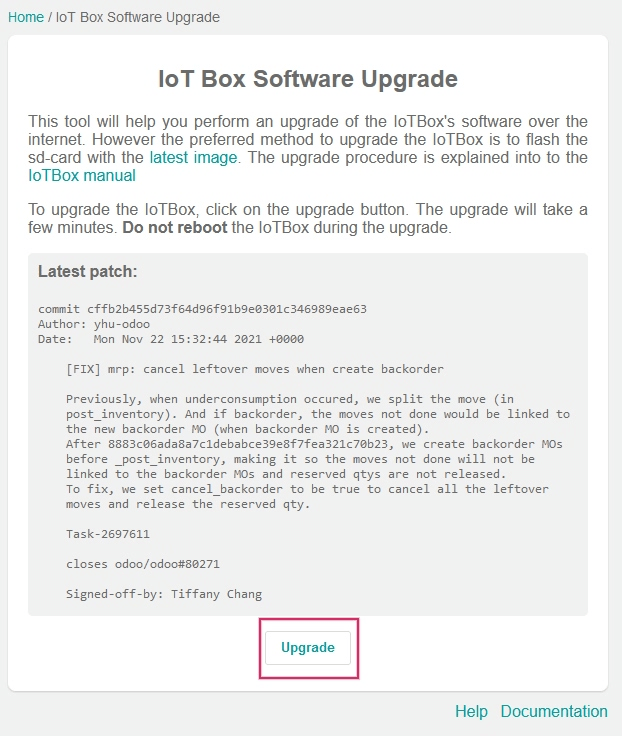 Upgrade do software da IoT box na página inicial da IoT box.