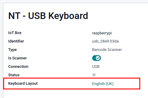 Página de formulário do leitor de código de barras, com a opção de layout de teclado destacada.