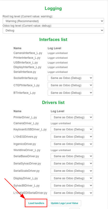 Lista de manipuladores em uma IoT box com o botão "Carregar manipuladores" destacado.