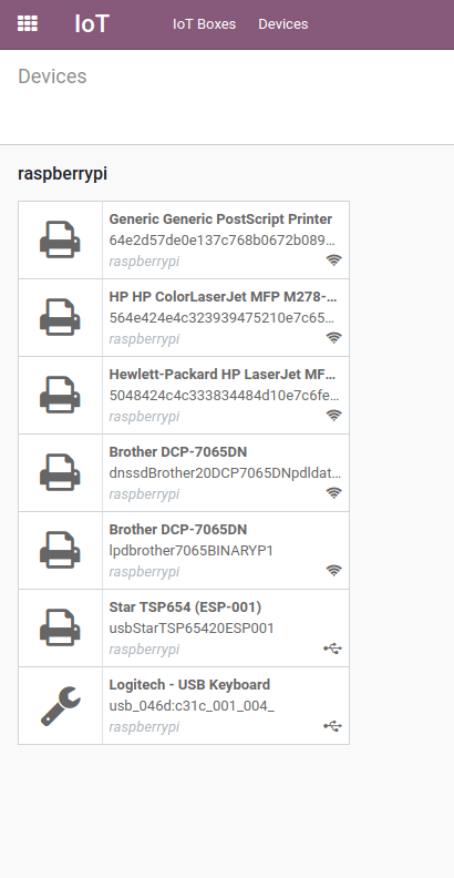 Os dispositivos de impressora listados no menu Dispositivos IoT.