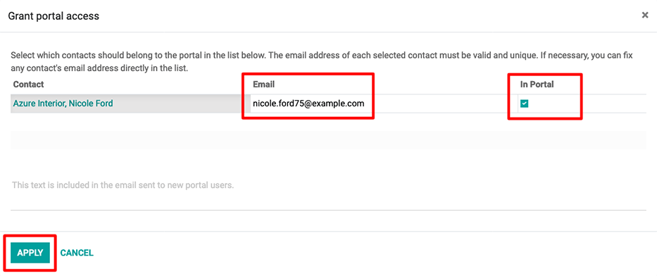 Um endereço de e-mail e a caixa de seleção correspondente para o contato precisam ser preenchidos antes de enviar um convite para o portal.