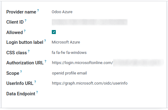 Configuração do provedor Odoo no aplicativo Configurações.