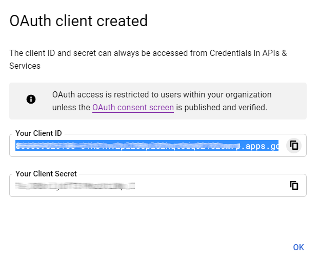 ID do cliente Google OAuth gerado.