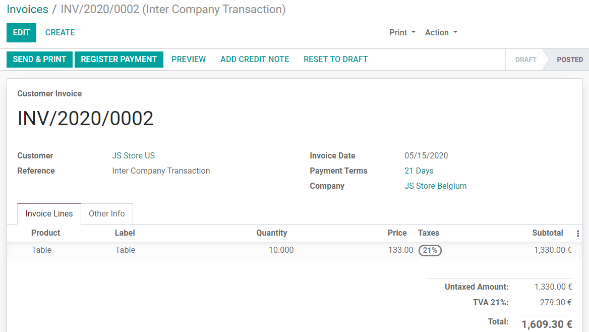 Visualização de uma fatura da JS Store US criada na JS Store Belgium no Odoo