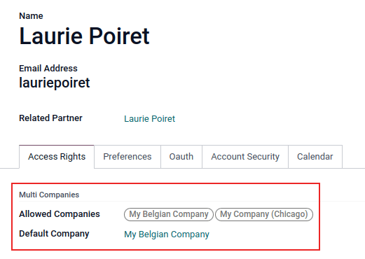 View of a user's form emphasizing the multi companies field in Odoo.