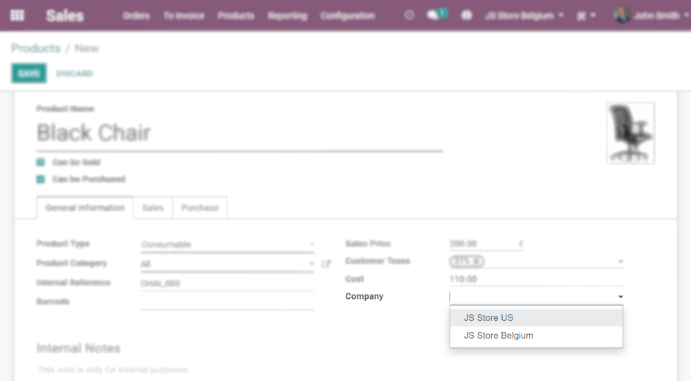 Visualização do formulário de um produto enfatizando o campo da empresa no Odoo Vendas