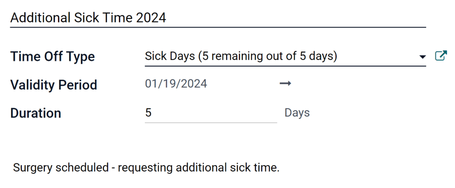 Um formulário de solicitação de alocação preenchido por um funcionário pedidno uma semana adicional de atestado médico.