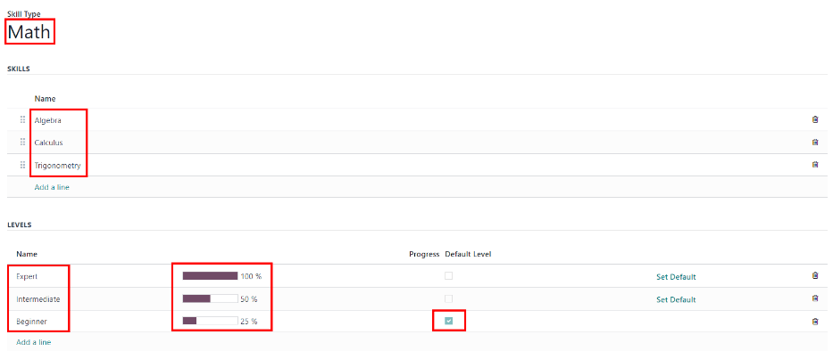 Um formulário de habilidade para um tipo de habilidade de matemática, com todas as informações inseridas.