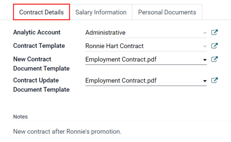 Detalhes do contrato em abas opcionais para um novo contrato.