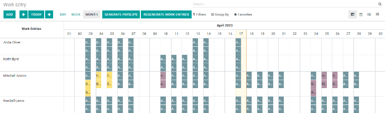 Work Entries dashboard view showing all employee's work entries.