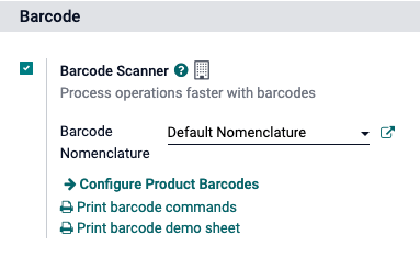 Recurso de código de barras habilitado nas configurações do aplicativo Inventário.