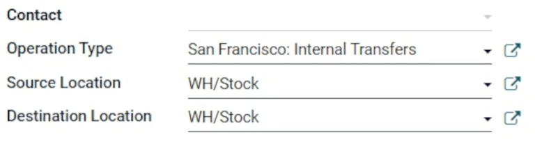 Formulário de transferência interna em branco com local de origem e local de destino.