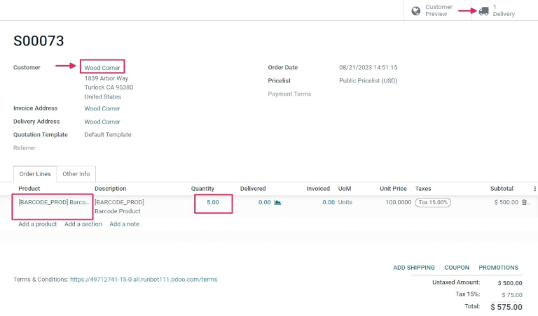 Pedido de venda concluído para produto com código de barras.