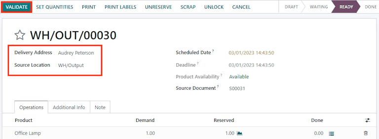 Clique em Validar na ordem de entrega para transferir o produto do local de saída para o local do cliente.