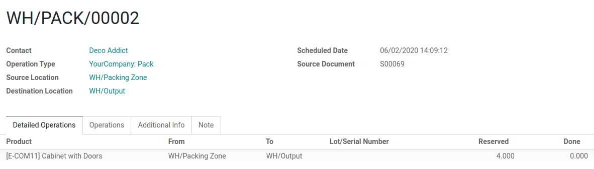 Visualização das operações detalhadas de uma transferência entre as zonas de embalagem e saída.