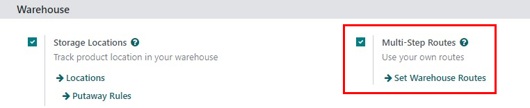 Ativar rotas de várias etapas e locais de armazenamento nas configurações do Inventário.