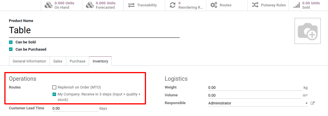 Visualização de um formulário de produto, onde a rota deve ser selecionada.