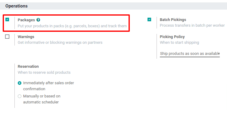 A configuração Pacotes na página de configurações do aplicativo Inventário.