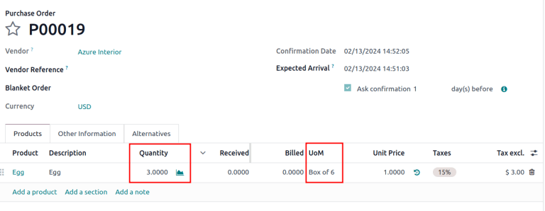 Imagem de um pedido de compra que está usando a unidade de medida de compra.