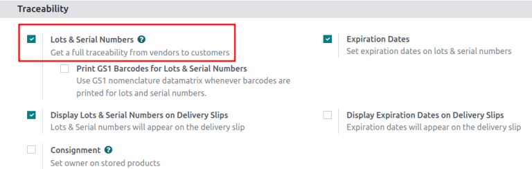 Recurso de números de série e lotes ativado nas definições de inventário.