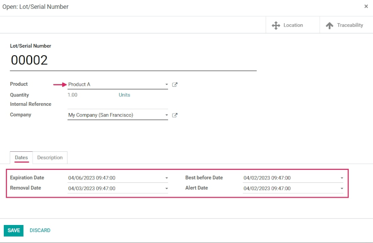 Aba Datas com informações de expiração de um número de lote específico.