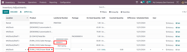 Show how to assign serial numbers on the Inventory Adjustment page.