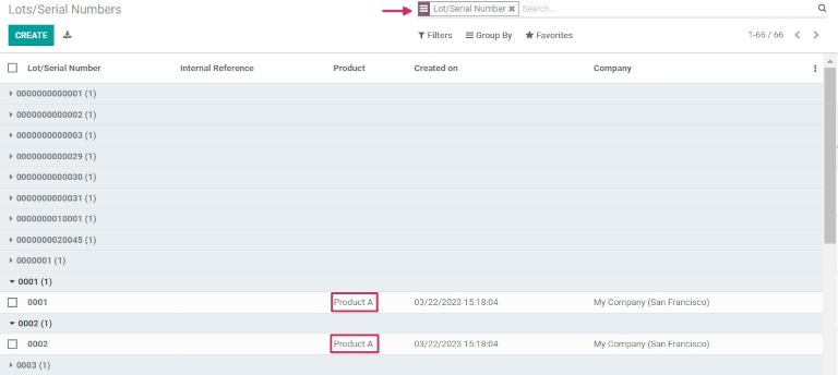 Página de relatório de números de série com listas suspensas.