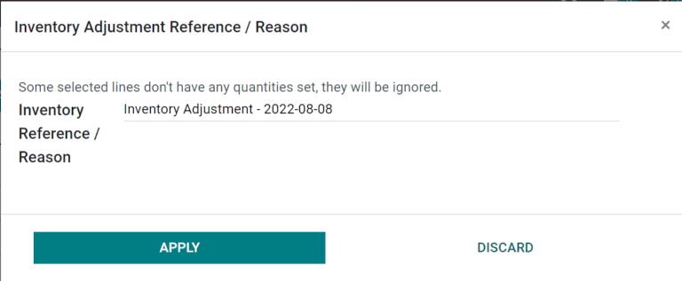 A opção Aplicar tudo aplica o ajuste de estoque quando um motivo é especificado.