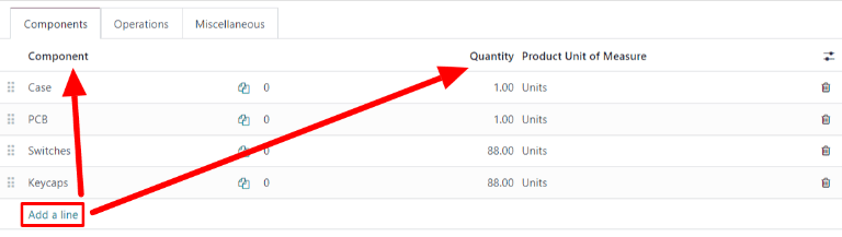 A aba Componentes em uma lista de materiais.