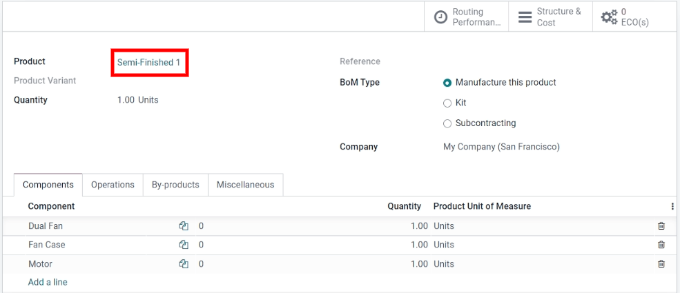 Uma lista de materiais de um produto semiacabado.