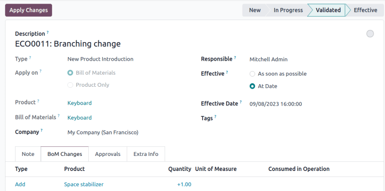 Aplicar alterações em uma OAE para atualizar a lista de materiais de produção.