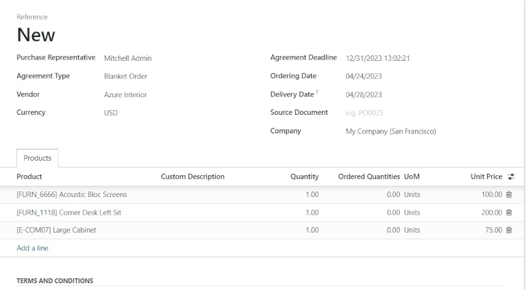 Novo acordo de compra de pedido genérico com produtos adicionados.