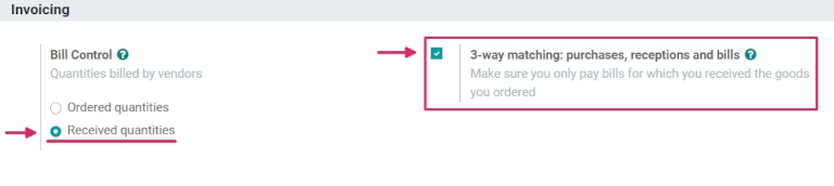 Recurso de correspondência de 3 vias ativada nas configurações de compra.