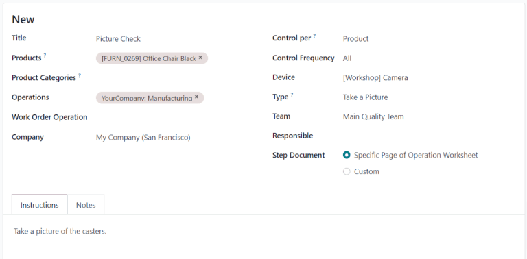 Formulário de ponto de controle de qualidade (PCQ) configurado para criar uma verificação de qualidade Tirar uma foto.