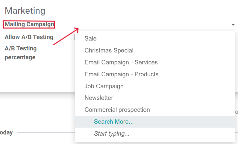 Visualização do menu suspenso de uma campanha de e-mail no aplicativo Odoo Marketing por e-mail.