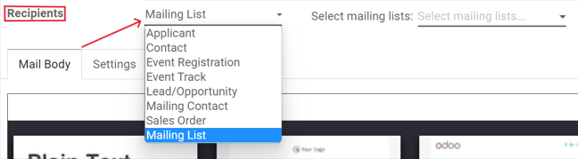 Visualização do menu suspenso de destinatários no aplicativo Odoo Marketing por e-mail.